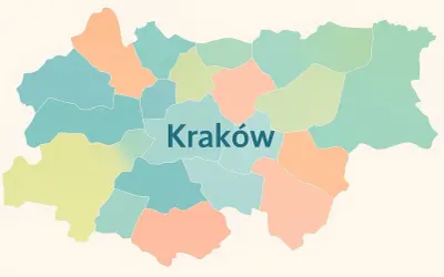Mapa Krakowa z zaznaczonymi dzielnicami, idealna do planowania wycieczek po restauracjach w Krakowie.