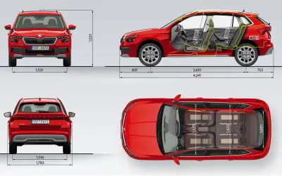 Szczegółowe skoda kamiq wymiary: wysokość 1531 mm, szerokość 1793 mm, długość 4241 mm. Wnętrze oferuje 1051 mm miejsca na nogi z przodu i 1003 mm z tyłu.