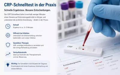 Blutstropfen fallen auf CRP-Testkassette. Ein hoher CRP-Wert im Blut zeigt Entzündungen an. Schnelle Ergebnisse für bessere Entscheidungen.