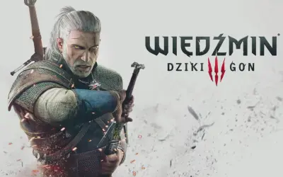 Geralt z Rivii, gotowy do walki, z mieczem w dłoni. Tytuł gry "Wiedźmin: Dziki Gon" sugeruje nadchodzącą, epicką przygodę.