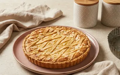 Une délicieuse tarte à la ricotta sucrée, garnie d'amandes effilées et d'une croisade de pâte dorée, prête à être dégustée.