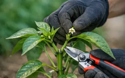 Main d'un jardinier en gant noir taillant une jeune pousse de poivron, observant la taille des poivrons pour une meilleure croissance.