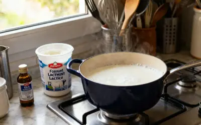 Préparation pour faire son fromage de chèvre : lait chauffant dans une casserole bleue, avec un pot de ferment lactique et une petite bouteille à côté.