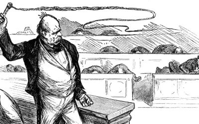 Bismarck, mit einer Peitsche drohend, dominiert die Szene. Seine innenpolitik ist unerbittlich, wie die gebeugten Figuren im Hintergrund zeigen.