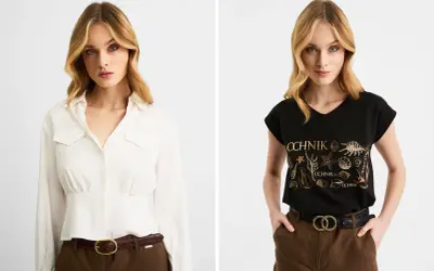 Modelka w białej koszuli i brązowych spodniach z eleganckim, brązowym paskiem. Obok, w czarnej bluzce z motywem muszelek, prezentuje czarny pasek z podwójną klamrą. Jaki pasek do sukienki wybrać?