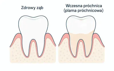Zdrowy ząb obok zęba z wczesną próchnicą. Wczesne wykrycie plamy próchnicowej to klucz do skutecznego leczenia próchnicy.