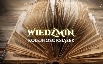 Otwarta, stara księga z widocznym tekstem "Wiedźmin kolejność książek".