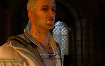 Geralt z Rivii z charakterystycznym tatuażem na szyi, przypominającym ten z Wiedźmin 2.