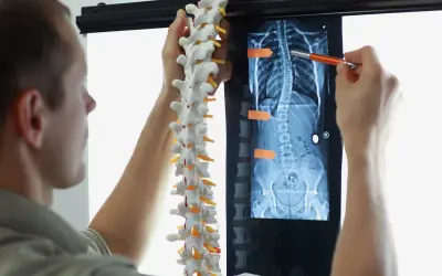 Un médecin examine une radiographie montrant une scoliose. La courbure vertébrale peut affecter l'espérance de vie.