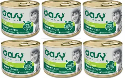 Sześć puszek karmy Oasy dla psa z królikiem. Bez zbóż i glutenu, dla dorosłych psów małych ras.