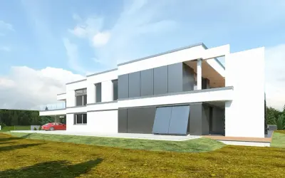 Nowoczesne projekty bliźniaków do 100m2. Biały dom z szarymi panelami, czerwony samochód pod wiatą.