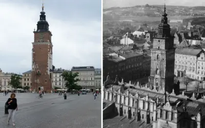Kraków opis miasta: Ratusz na Rynku Głównym dziś i dawniej. W tle widać wzgórza otaczające miasto.