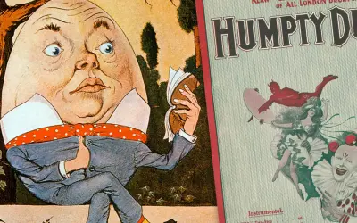 Humpty Dumpty siedzi, czyta książkę. Obok plakat "Humpty Dumpty" z diabłem i klaunem. Królu mój tekst.