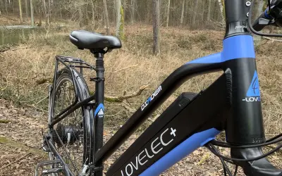 Rower elektryczny z rozładowaną do zera baterią litowo jonową, gotowy do ładowania po leśnej przejażdżce.