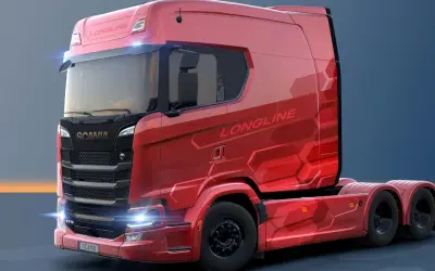 Camion rouge Scania S770 Longline, une cabine camion luxe aux lignes futuristes et aux détails hexagonaux.