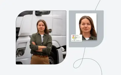 Kobieta z kartą kierowcy obok ciężarówki. Zdjęcie do karty kierowcy.