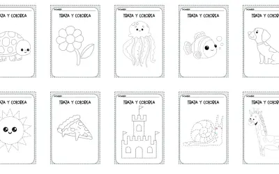 Actividades de grafomotricidad divertida: traza y colorea una tortuga, flor, medusa, pez, perro, sol, pizza, castillo, caracol y jirafa.