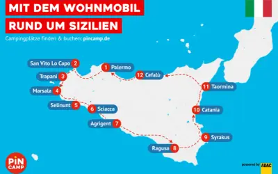 Reise mit dem Wohnmobil rund um Sizilien: Karte mit Highlights wie Palermo, Taormina und Syrakus. Campingplätze finden auf pincamp.de.