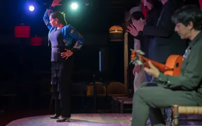 Una bailaora de flamenco, con su falda de flecos y chaqueta bordada, cautiva al público. A su lado, músicos y palmeros acompañan con pasión.