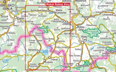 Mapa turystyczna z zaznaczonym obszarem wokół Babiej Góry, obejmującym Beskid Żywiecki, Orawę i Tatry.