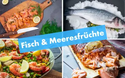 Vier köstliche Fischgerichte: Lachs auf Holzbrett, ganzer Fisch in Salz, Paella mit Garnelen und gebratenes Lachsfilet.