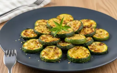 Tranches de courgettes grillées, garnies d'une feuille verte, prêtes à être dégustées. Une délicieuse recette de courgette au four.