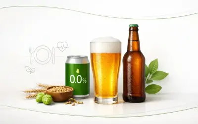 Piwo bezalkoholowe 0.0% w puszce i butelce, szklanka z pianką, chmiel, słód i zboża. Czy piwo bezalkoholowe jest zdrowe? Ikony zdrowia i jedzenia sugerują odpowiedź.