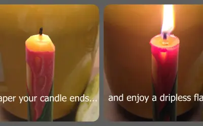 Two images of a red and yellow candle. The left shows an unlit candle with a burnt wick. The right shows a lit candle with a clean flame, demonstrating what are dripless candles.