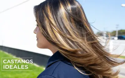 Cabello castaño con reflejos dorados, ideal para piel blanca y ojos marrones.