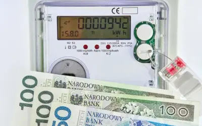 Licznik energii elektrycznej z banknotami 100 zł. Zastanawiasz się, jaka będzie cena prądu 2026 za 1 kWh?