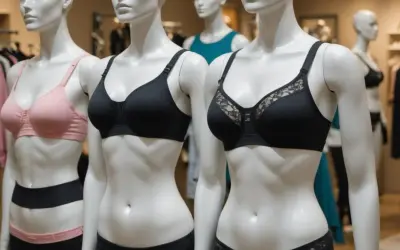 Manekiny prezentują biustonosze. Szary, różowy i czarny model. Jaki biustonosz do obwisłego biustu? Ten z szerokimi ramiączkami i fiszbinami.