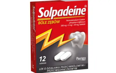 Opakowanie leku Solpadeine na bóle zębów. Zawiera 12 tabletek, które są najsilniejszym lekiem przeciwbólowym.