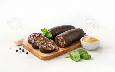 Kaszanka na desce z musztardą i ziołami. Czy kaszanka jest zdrowa? Zależy od składników i sposobu przygotowania.