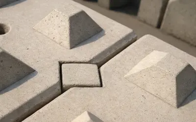 Betonowe pustaki zalewowe z charakterystycznymi stożkami i wgłębieniem, gotowe do budowy solidnej konstrukcji.