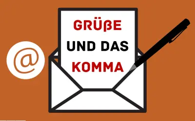 Umschlag mit Stift und Text "Grüße und das Komma" sowie @-Symbol.