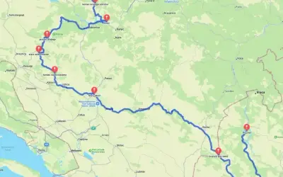 Trasa przez Bośnię i Hercegowinę do Plužine, gdzie jest Czarnogóra. Widoczna droga z punktami: Jezioro Blidinje, Mostar, Plužine.