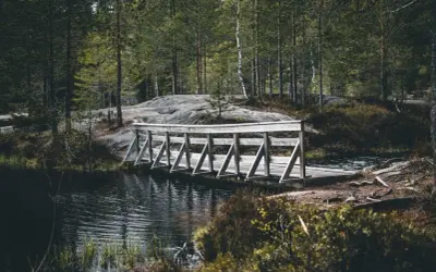 Drewniany mostek nad ciemną wodą, otoczony lasem i skałami. Piękny krajobraz w okolicach Drammen, Norwegia.