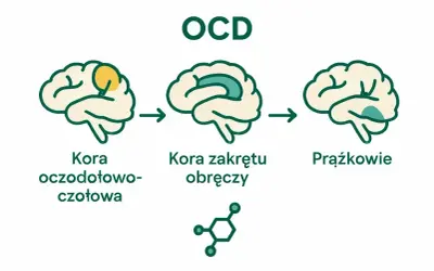 Schemat mózgu ilustrujący OCD. Pokazuje zmiany w korze oczodołowo-czołowej, korze zakrętu obręczy i jądrach podstawy, które mogą prowadzić do zachowań kompulsywnych.