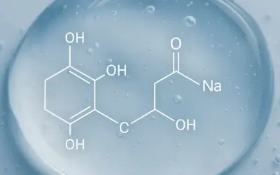 Struktura chemiczna hialuronianu sodu na niebieskim tle z pęcherzykami powietrza.