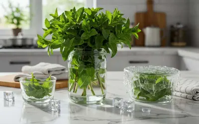 Des bouquets de menthe fraîche dans des bocaux en verre, prêts à être utilisés. Idéal pour savoir que faire avec de la menthe fraîche.