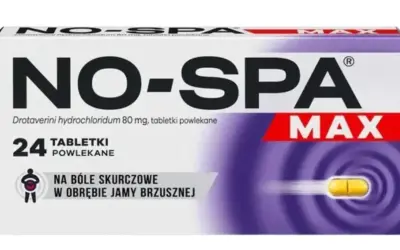 Opakowanie leku NO-SPA MAX z 24 tabletkami powlekanymi, na bóle skurczowe jamy brzusznej.