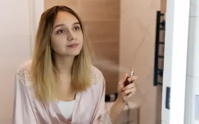 Młoda kobieta w szlafroku rozpyla perfumy. W powietrzu unosi się subtelny paczula zapach, otulając ją delikatną mgiełką.