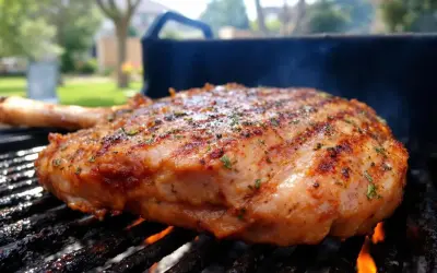 Gigot d'agneau au barbecue, grillé à la perfection, avec des herbes aromatiques et des marques de grill. La viande est juteuse et dorée, prête à être dégustée.