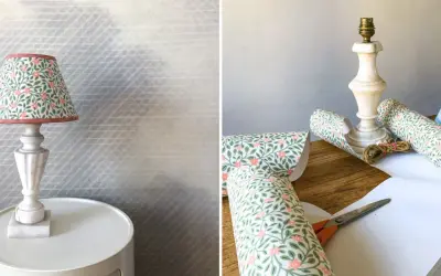 Pour relooker un abat-jour, on utilise du papier peint fleuri, des ciseaux et une règle.