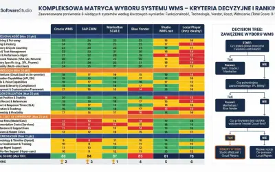 Matryca wyboru systemu wms: porównanie funkcjonalności, technologii, kosztów i wdrożenia. Studio WMS.net z wynikiem 81.