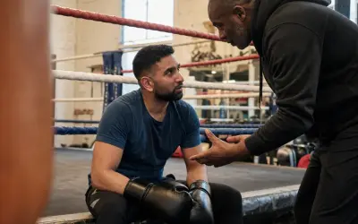 A boxer, sweat on his brow, listens intently as his coach explains that boxing is hard, but worth it.