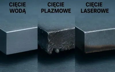 Porównanie efektów cięcia: gładka krawędź po cięciu wodą, szorstka po plazmowym i lekko przypalona po laserowym.