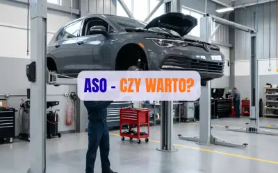 Mechanik pracuje pod autem na podnośniku w warsztacie. Napis "ASO - czy warto?" sugeruje dyskusję o serwisach samochodowych.