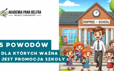 Akademia Pana Belfra: 5 powodów, dla których ważna jest promocja szkoły. Uśmiechnięty nauczyciel i dzieci przed budynkiem szkolnym.