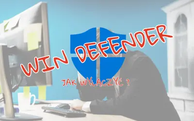 Zrezygnowany pracownik przed monitorem, nad nim logo Windows Defender i pytanie: jak wyłączyć Windows Defender?